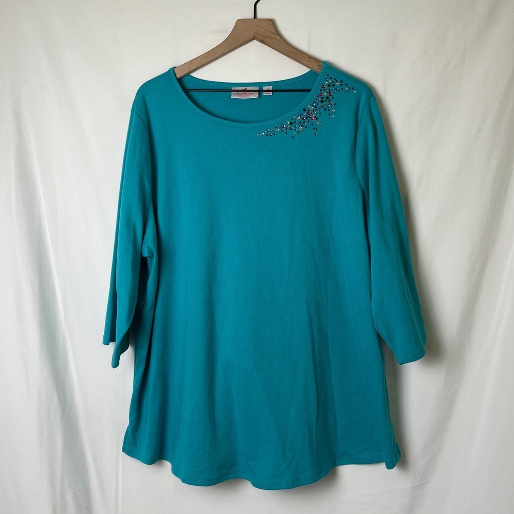 Quacker Factory Womens Rhinestone Embellished 3/4 Sleeve Top Size 2X Teal Casual